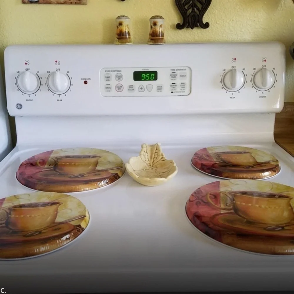 Stove Range Covers Coffee Themed Metal Round Set of 4 Gold Multicolor